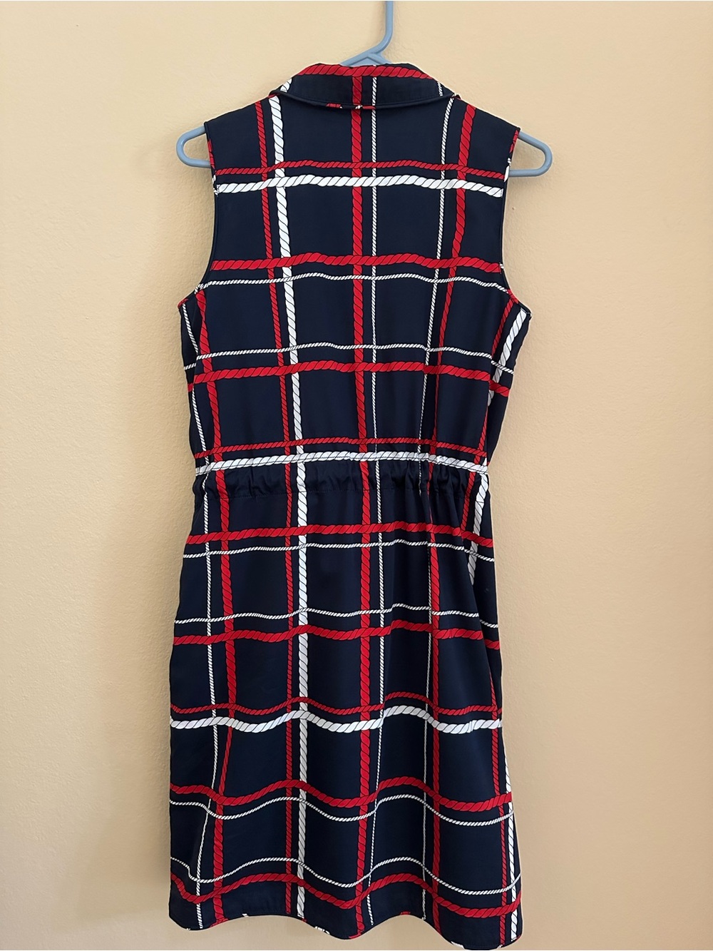Talbots Navy Sleeveless Plaid Shirt Dress with Red and White Trim - Picture 10 of 16